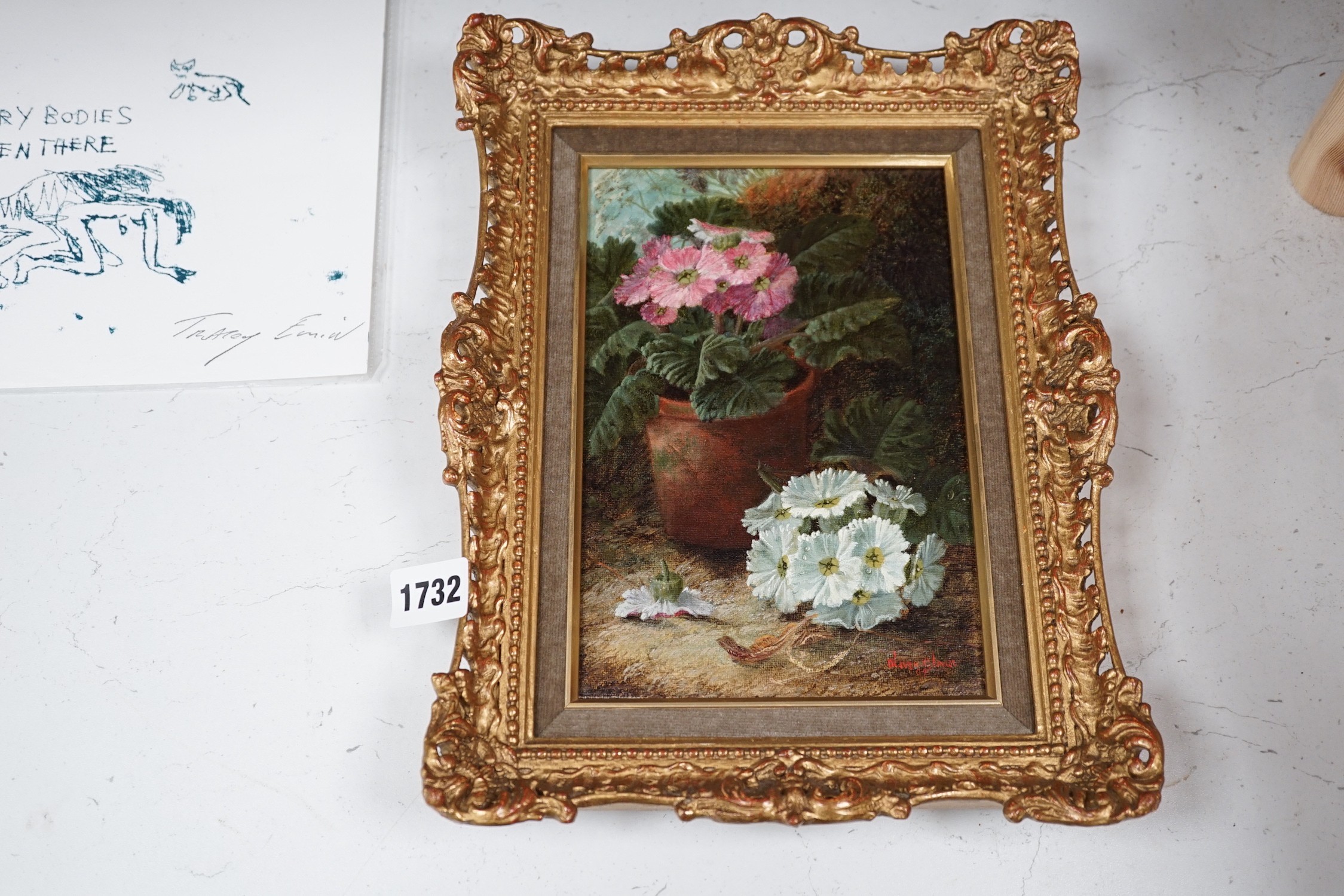 Oliver Clare (1853-1927), oil on canvas, 'Primroses', signed and dated '04, 22 x 14.5cm